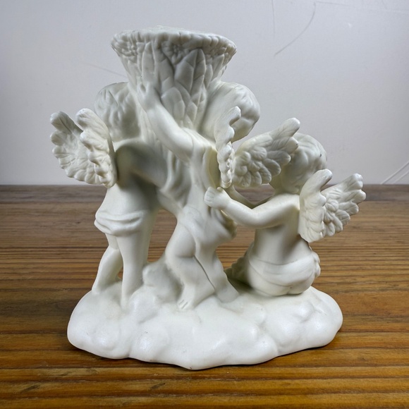 Vintage Cherub Trio Candle Holder | White Bisque Porcelain Angel Figurine - Picture 12 of 13